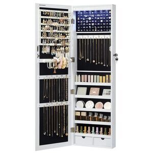 SONGMICS 6 LEDs Mirror Jewelry Cabinet 47.2Inch Tall Lockable Wall or Door M...